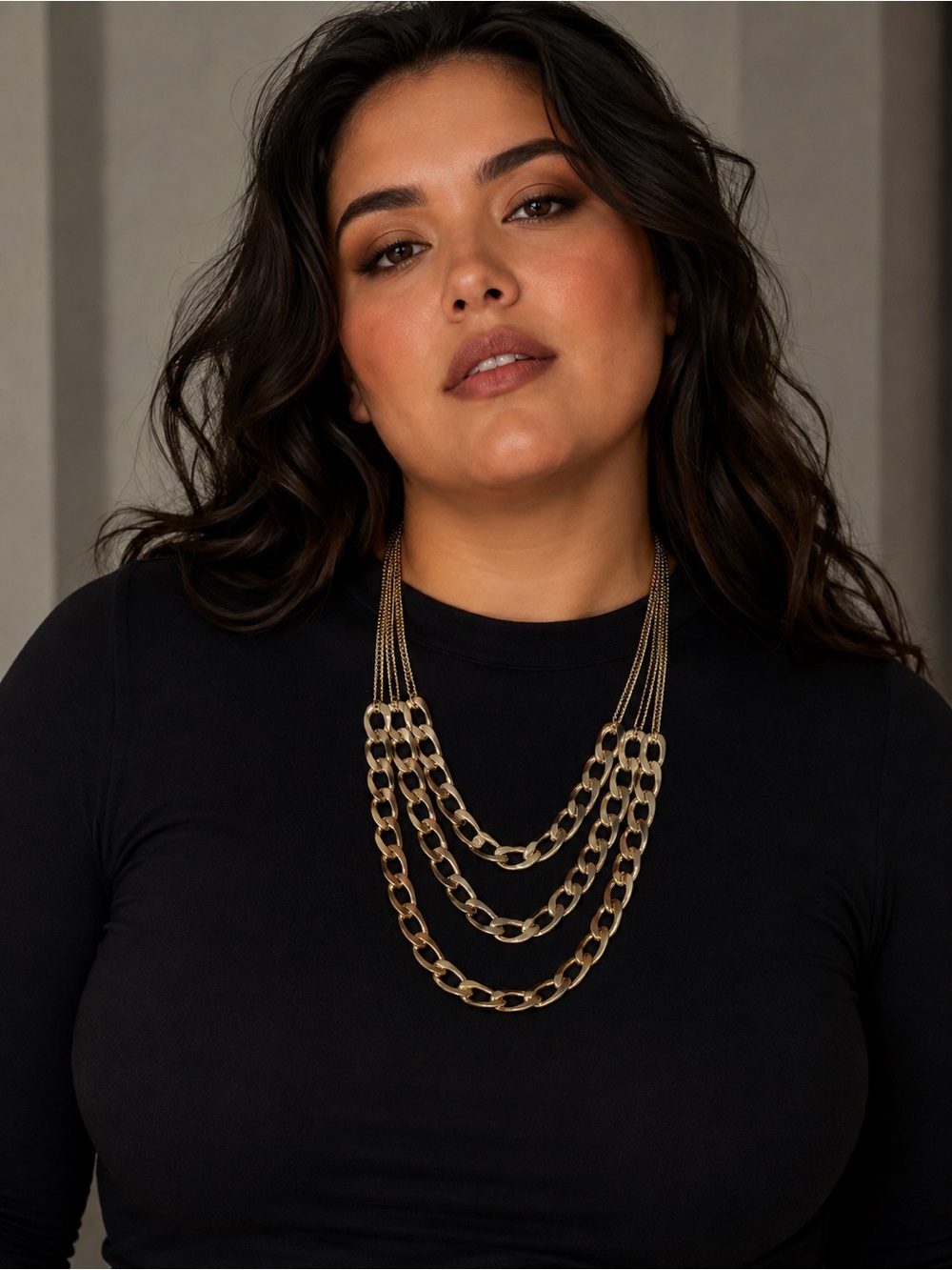 Triple Strand Chunky Link Gold Tone Statement Necklace